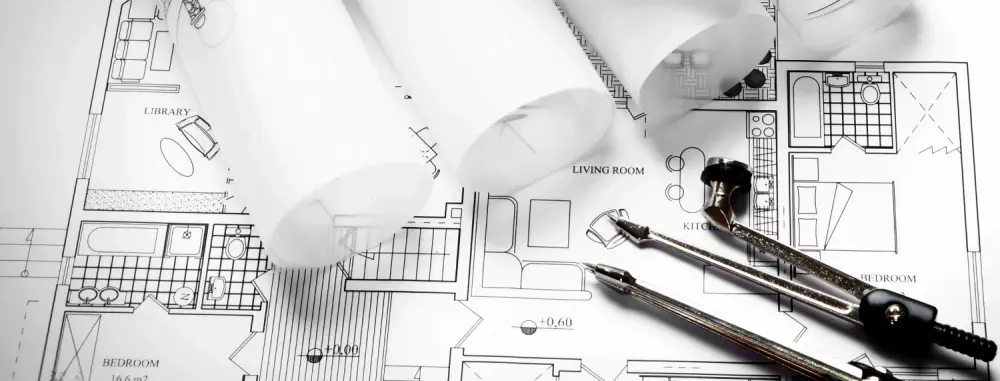 Closeup image of housing floorplan blueprint